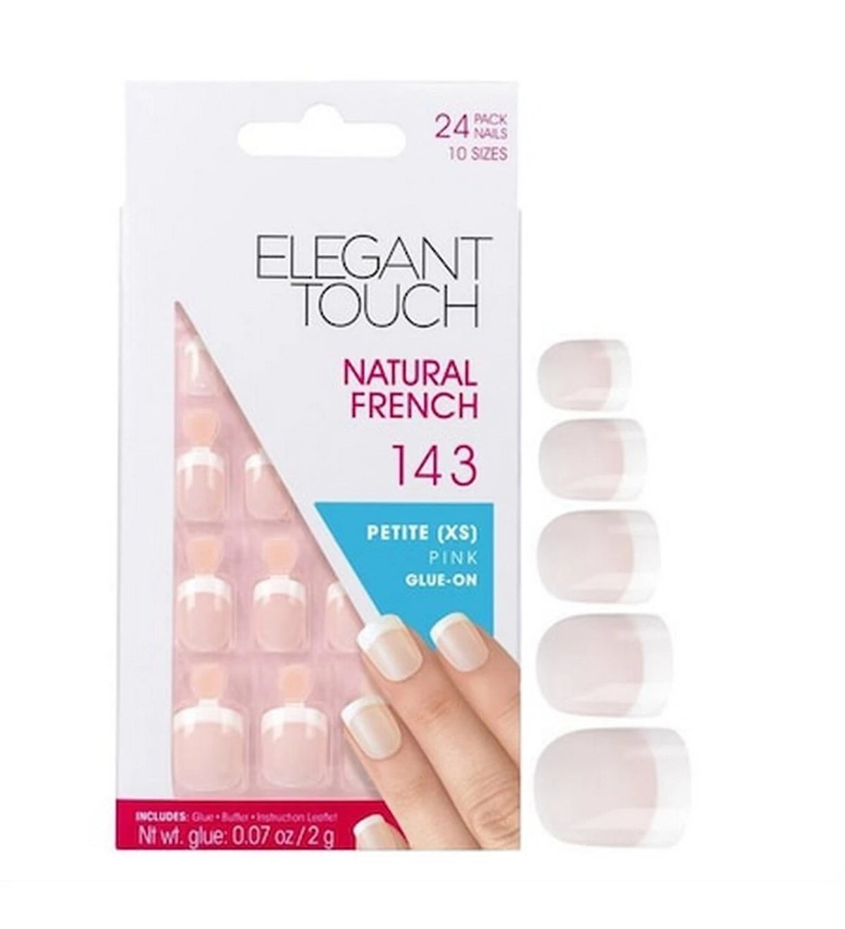 Set, Elegant Touch, Natural French, Square, Artificial Nails, Pink, 143, Petite (XS), 24 pcs