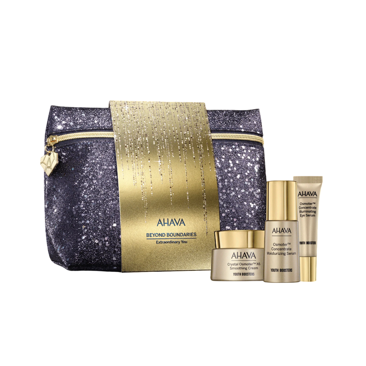 Extraordinary You Set Ahava: Crystal Osmoter X6, Smoothing, Cream, For Face, 50 ml + Osmoter Concetrate, Illuminating, Eye Serum, 15 ml + Osmoter Concetrate, Moisturising, Serum, For Face, 30 ml + Ahava, GWP Textile Pouch