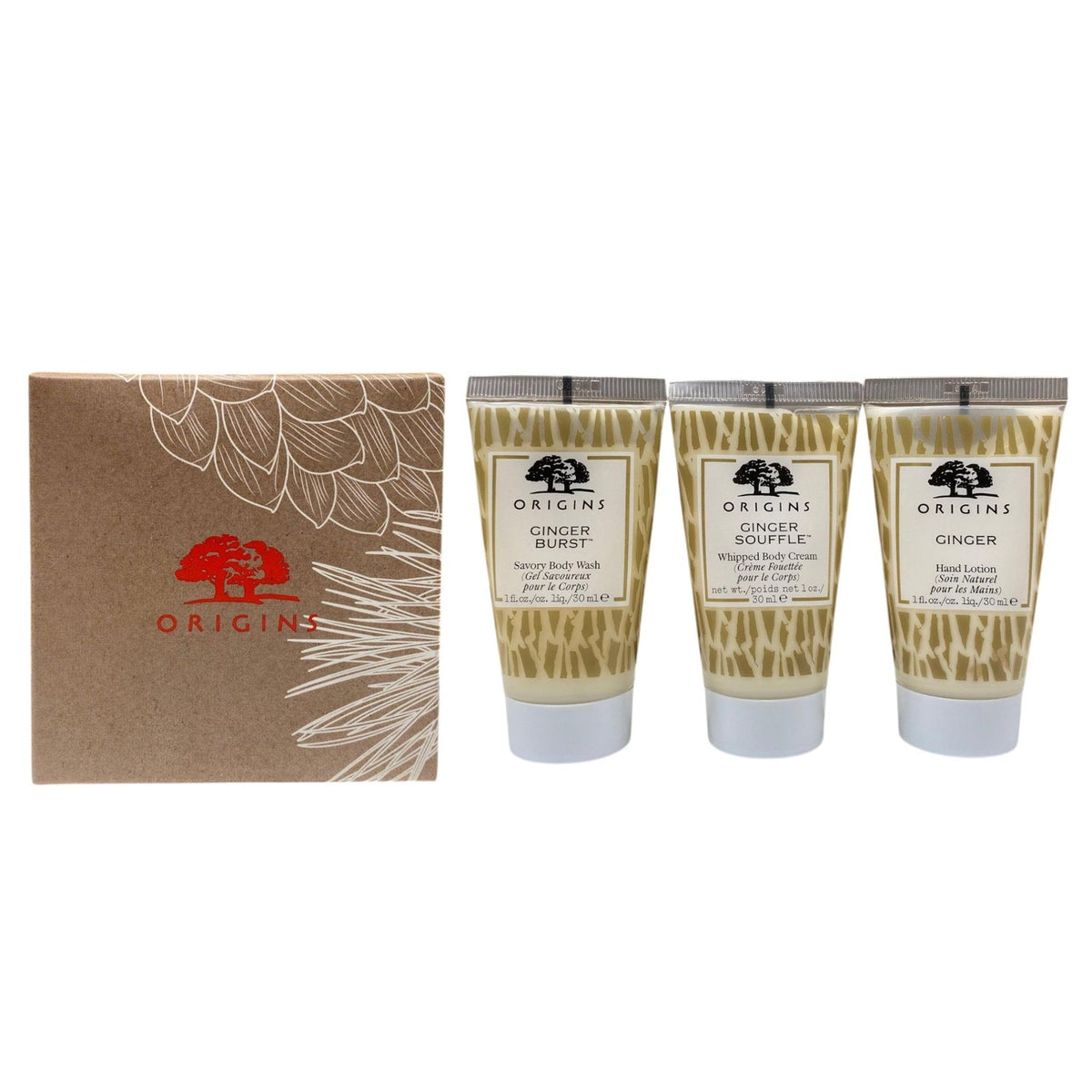 Gift Set Origins: Origins, Body Wash, 30 ml + Ginger, Nourishing, Hand Lotion, 30 ml + Ginger Souffle, Nourishing, Body Cream, 30 ml