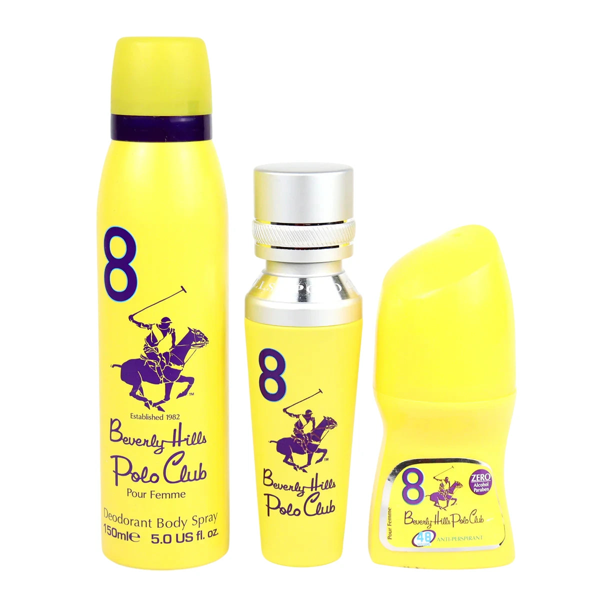 Set Beverly Hills Polo Club: 1982 - Sport 8, Eau De Parfum, For Women, 50 ml + 1982 - Sport 8, Freshness, Body Spray, 150 ml + No.8, Anti-Perspirant, Deodorant Roll-On, For Women, 50 ml