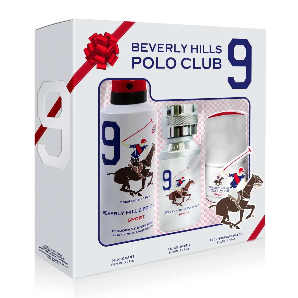 Set Beverly Hills Polo Club: 1982 - Sport 9, Eau De Toilette, For Men, 50 ml + 1982 - Sport 9, Anti-Perspirant, Deodorant Spray, For Men, 175 ml + 1982 - Sport 9, Anti-Perspirant, Deodorant Roll-On, For Men, 50 ml