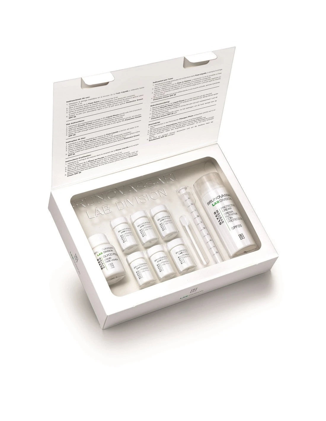 Set Bruno Vassari: Glyco System, Eliminates Impurities, Exfoliating Powder, 6 pcs, 0.30 g + Glyco System, Protects & Hydrates, Cream, For Face, SPF 25, 30 ml