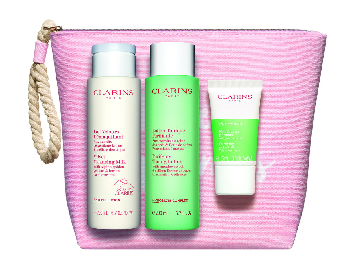 Set Clarins: Pure, Exfoliating Scrub, 15 ml + Velourse, Anti-Pollution, Cleansing Milk, For Face, 200 ml + Purifying, Alcohol-Free, Purifying, Tonic Lotion, For Face, 200 ml