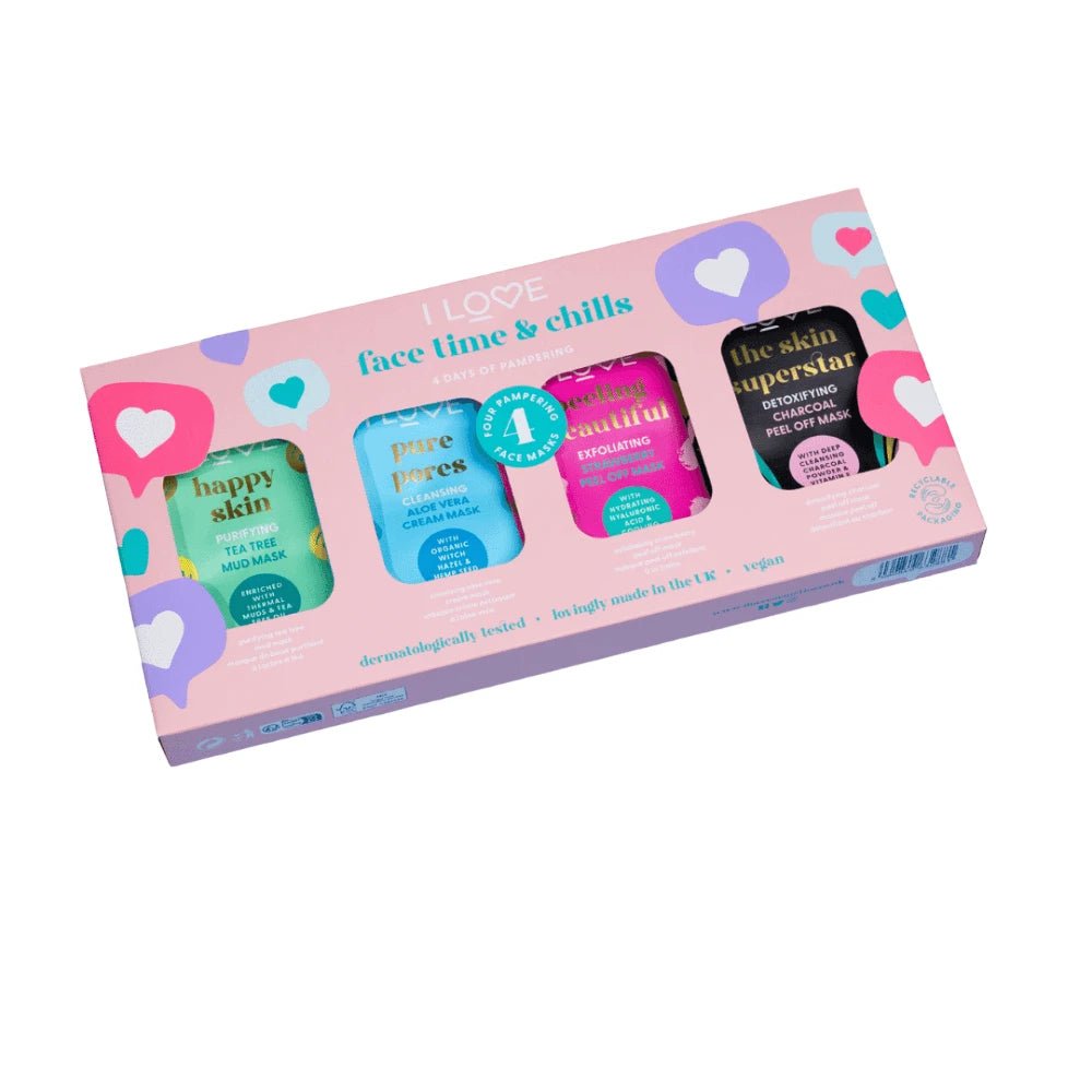 Time & Chills Set I Love: Beautiful Peeling, Peeling, Sheet Mask, For Face, 10 ml + Skin Superstar, Detoxifying, Sheet Mask, For Face, 10 ml + Happy Skin, Purifying, Sheet Mask, For Face, 10 ml + Pure Pores, Cleansing, Sheet Mask, For Face, 10 ml